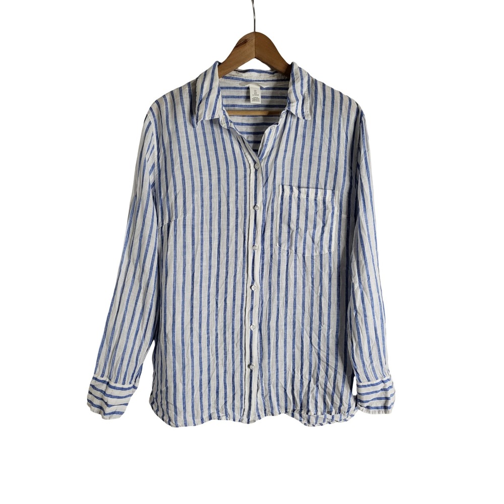 H&M Blue White Striped 100% Linen Button Down Shirt L Laid-back Preppy Coastal